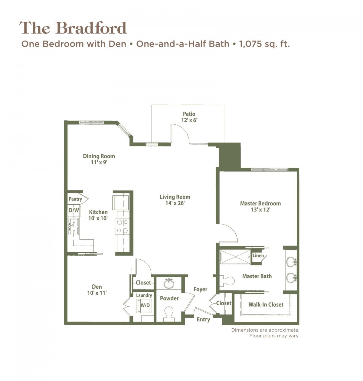 Floor plan of The Bradford: One-bedroom apartment with office, spanning 1291 sq. ft.
