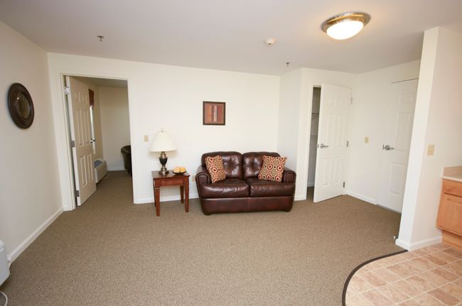 A cozy living room with a brown leather sofa, decorative pillows, a side table with a lamp, and neutral carpet flooring.