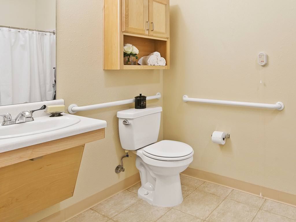 A clean and accessible bathroom with handrails, a toilet, sink, and storage cabinet.