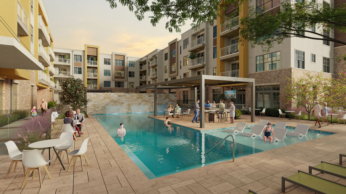 A modern apartment complex with a swimming pool and people relaxing during the evening.