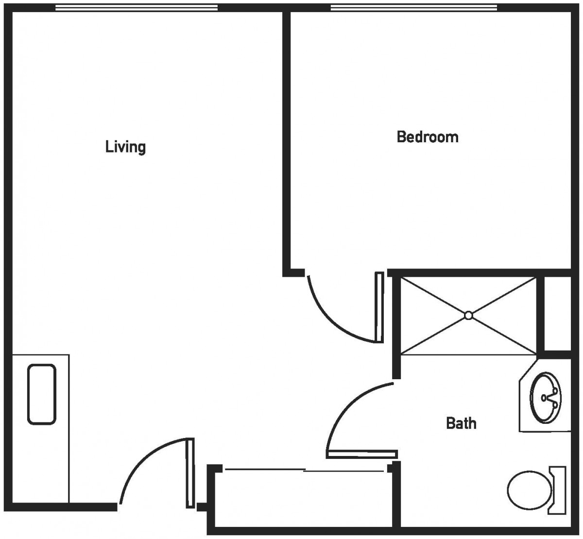 A simple floor plan of a one-bedroom apartment with a living room and bathroom.