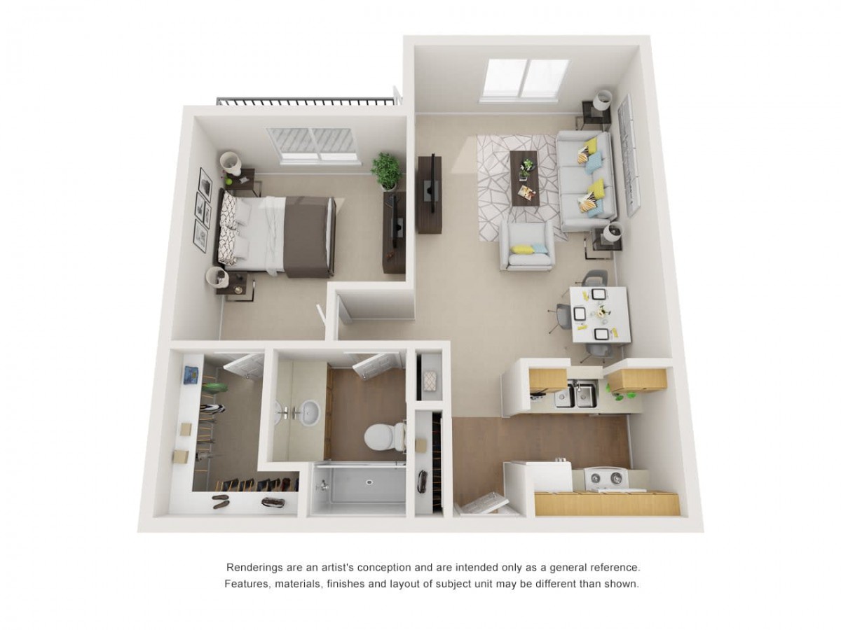 3D floor plan of a one-bedroom apartment featuring a living area, kitchen, and bathroom.