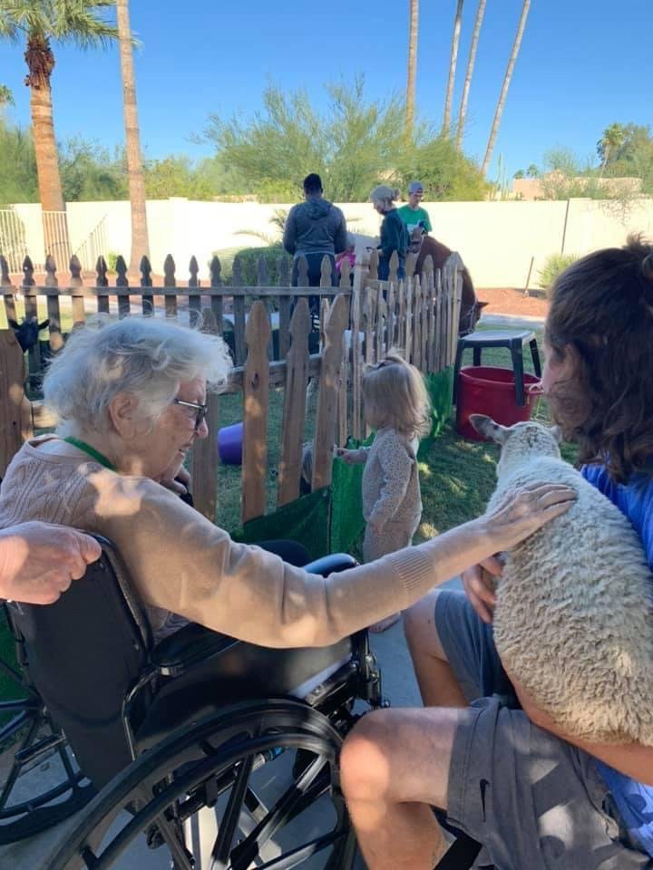A family interacting outdoors, with one person in a wheelchair and a child nearby, next to a wooden fence.