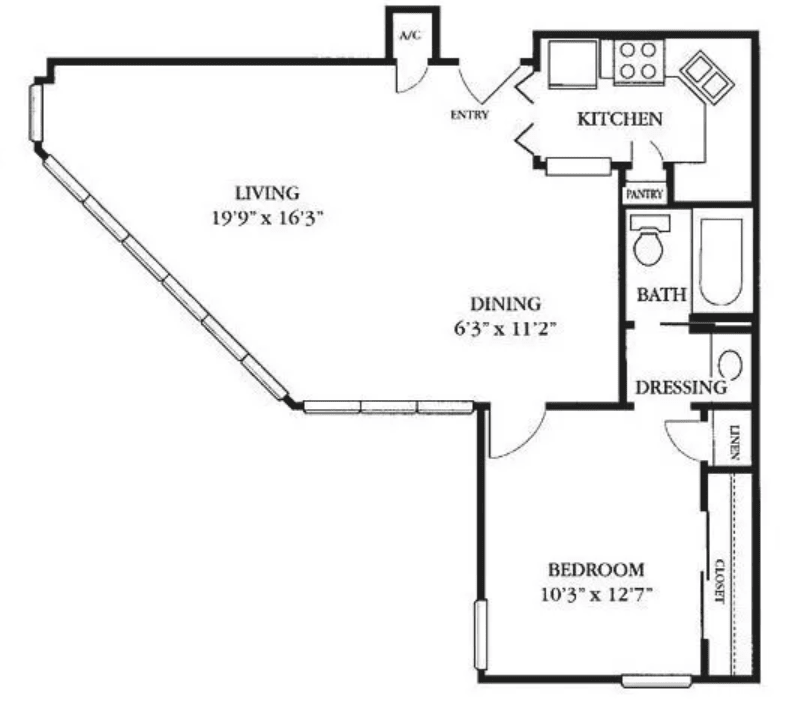 A floor plan of a one-bedroom apartment with living room, kitchen, dining area, and bathroom.