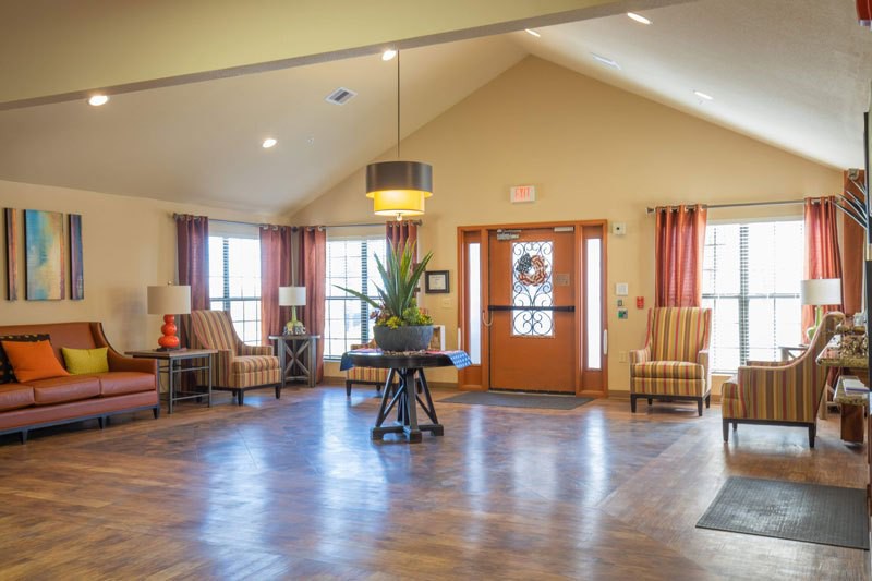 A welcoming lobby area with seating and decor.