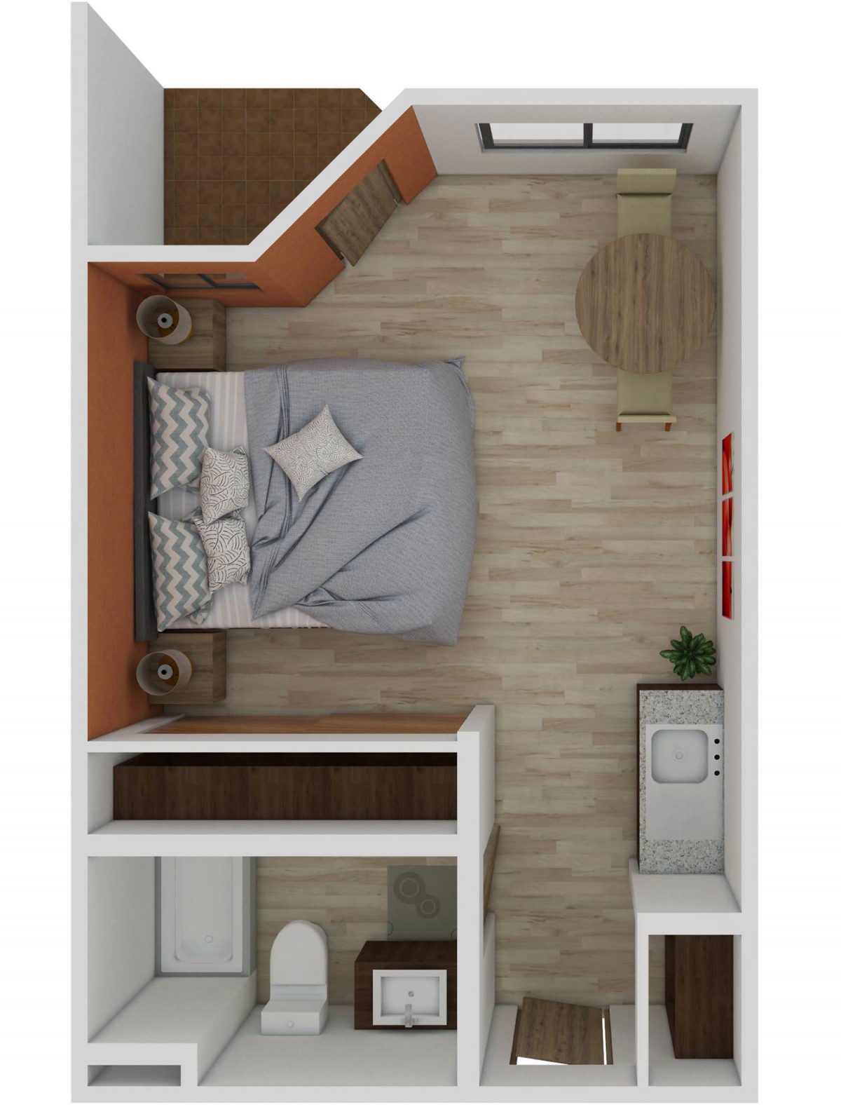 A minimalist bedroom floor plan featuring a neatly arranged bed, storage space, and a small table.