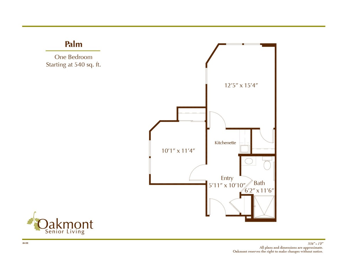 A floor plan for a one-bedroom unit named 'Ibis' at Oakmont Senior Living, featuring a living room, kitchen, bathroom, and bedroom.
