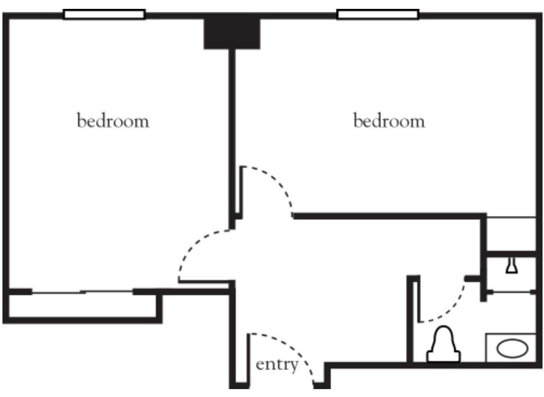 A simple architectural floor plan showing a layout with two bedrooms and an entryway.