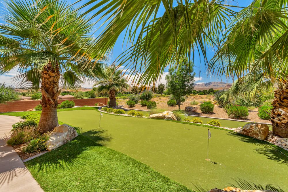 A sunny outdoor putting green surrounded by palm trees and desert landscape.