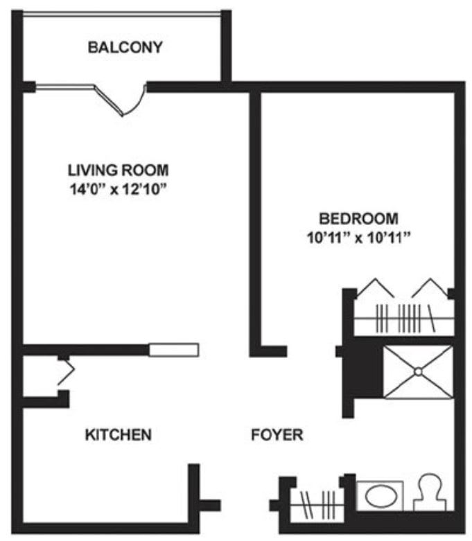 A floor plan of a one-bedroom apartment featuring a living room, kitchen, bedroom, and balcony.