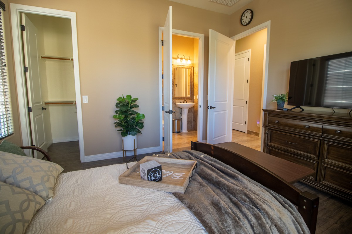 A cozy and modern bedroom interior with a neatly made bed, wooden dresser, indoor plant, and open doors leading to a bathroom.