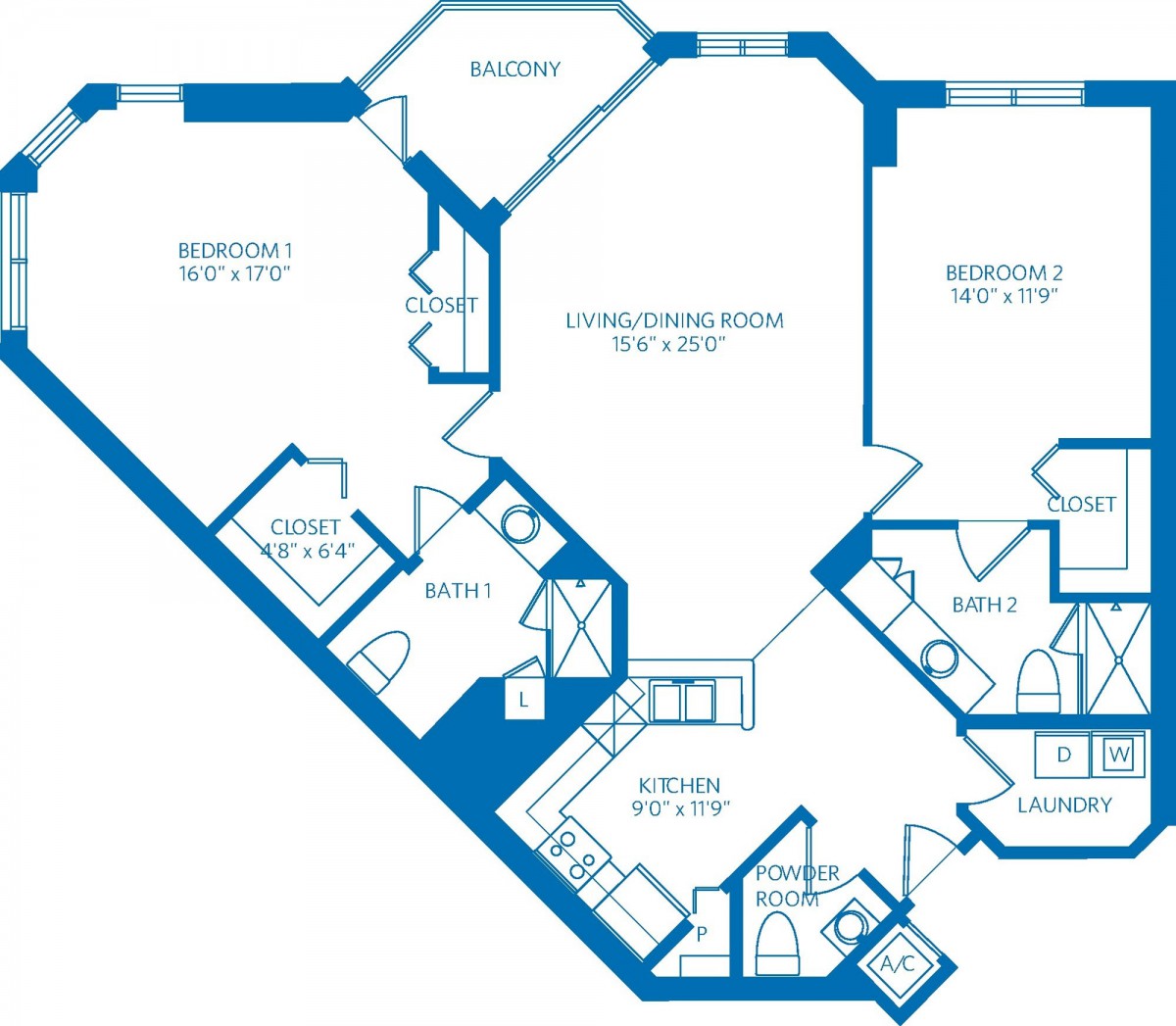 A detailed floor plan of an apartment featuring bedrooms, bathrooms, a living/dining area, and a balcony.