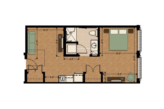 A one-bedroom apartment floor plan featuring a living room, kitchen, and bathroom.