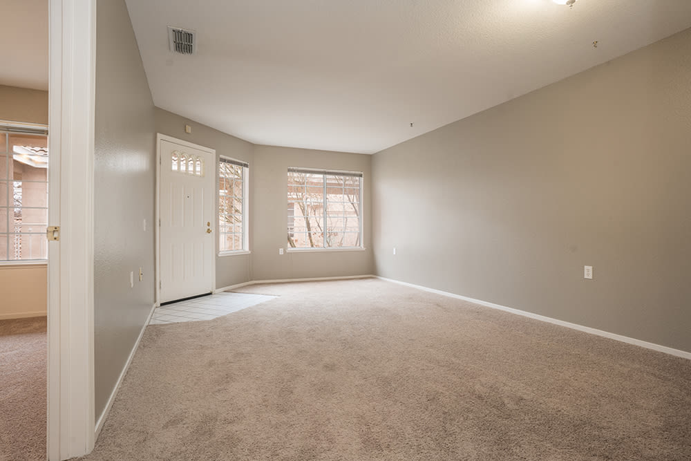 An empty room with carpet flooring, featuring a window and door, painted in neutral colors.
