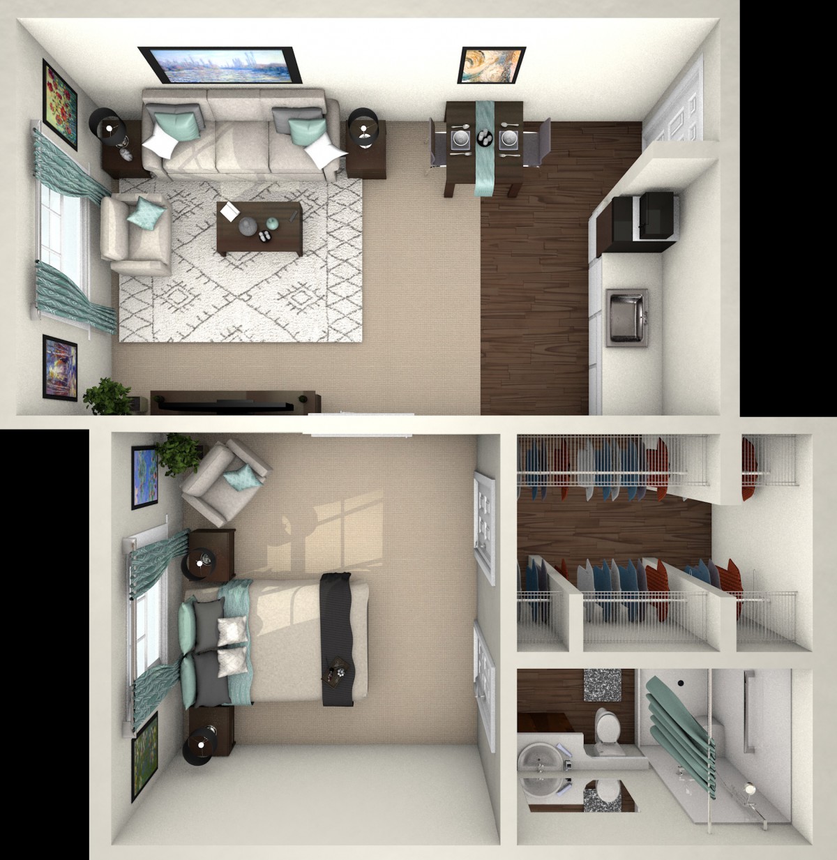 A detailed floor plan of an apartment featuring a living room, bedroom, kitchen, and bathroom.