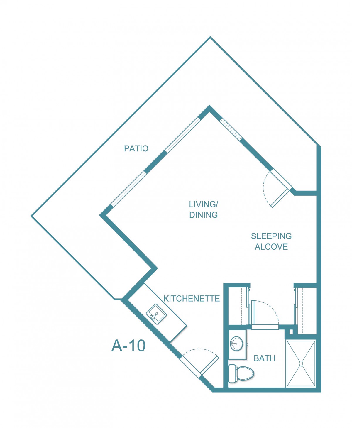 Studio apartment floor plan with kitchenette and sleeping alcove.