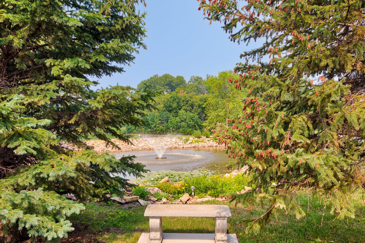 A peaceful garden scene with a bench overlooking a fountain surrounded by lush greenery.