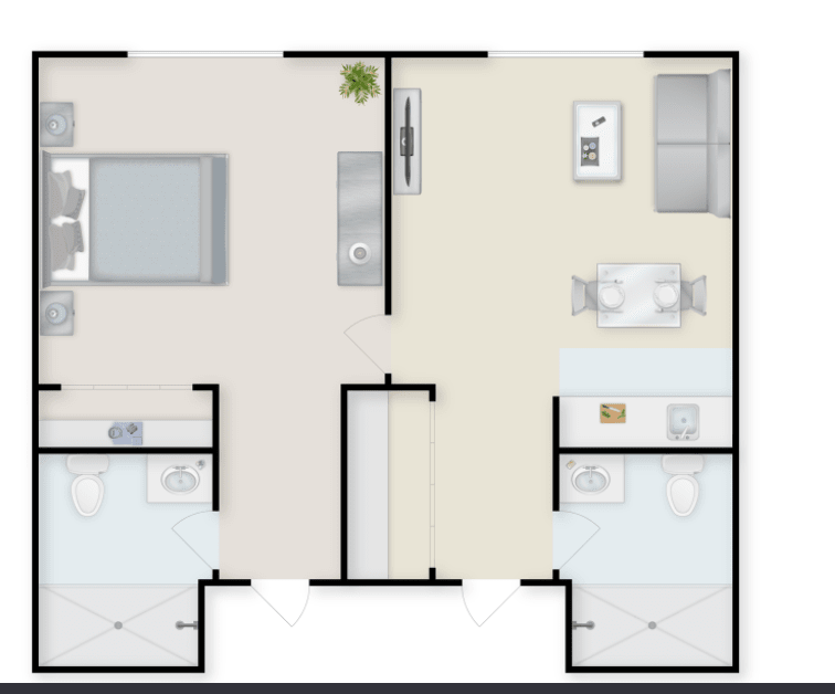 A digital floor plan of a modern apartment, showcasing the layout and design of various rooms.