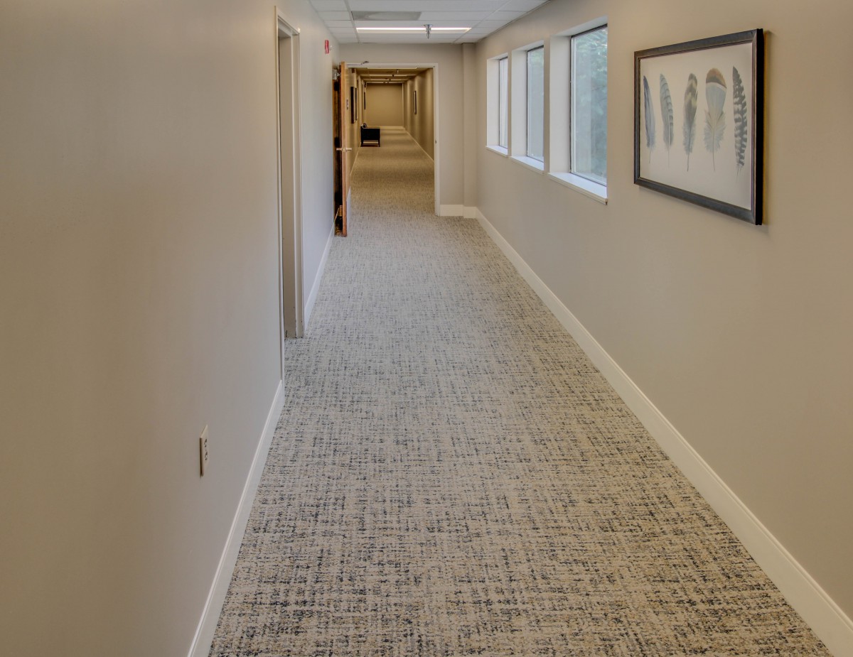 A long hallway with carpeted flooring, windows on one side, and framed art on the walls.
