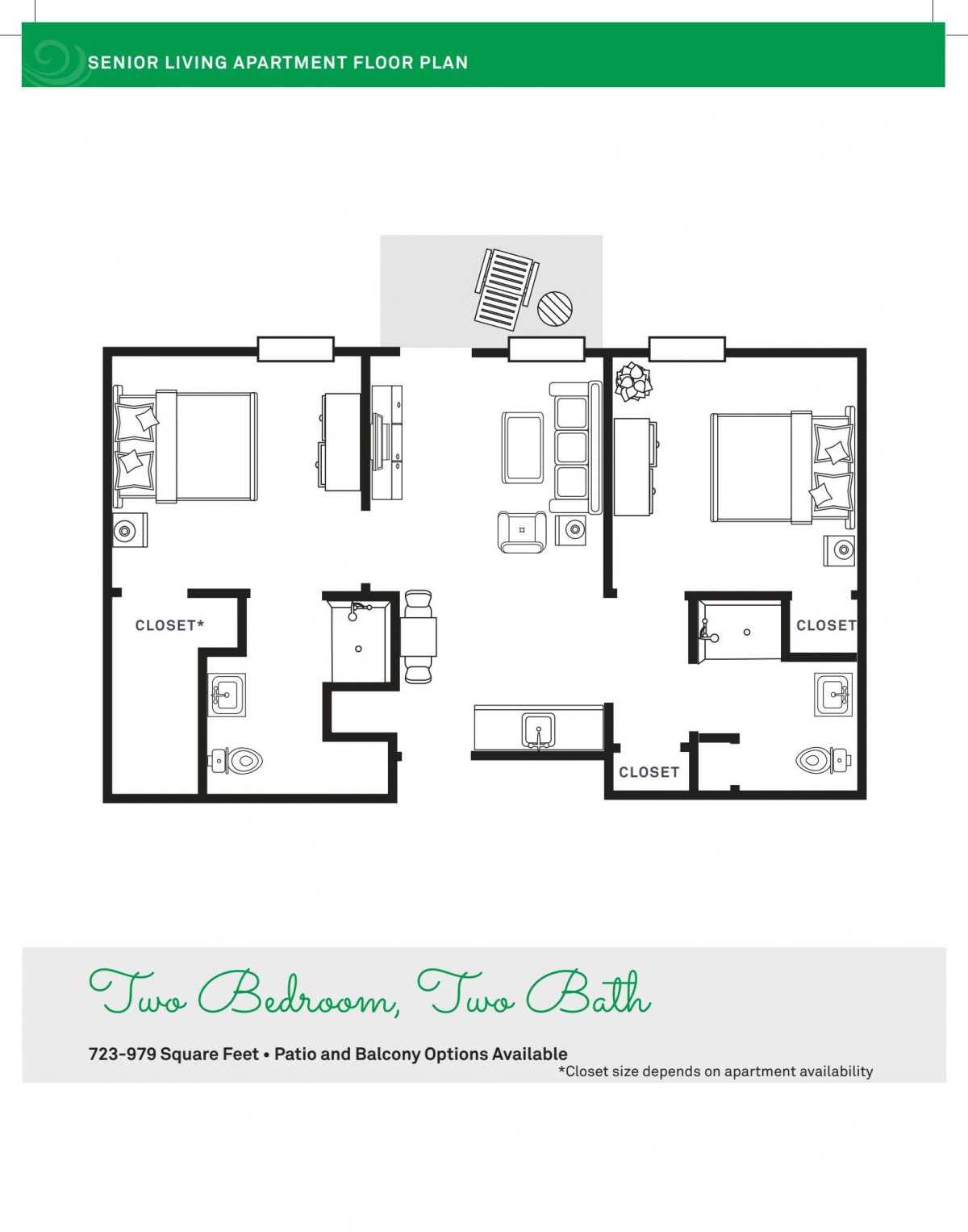 Floor plan of a two-bedroom, two-bathroom apartment.