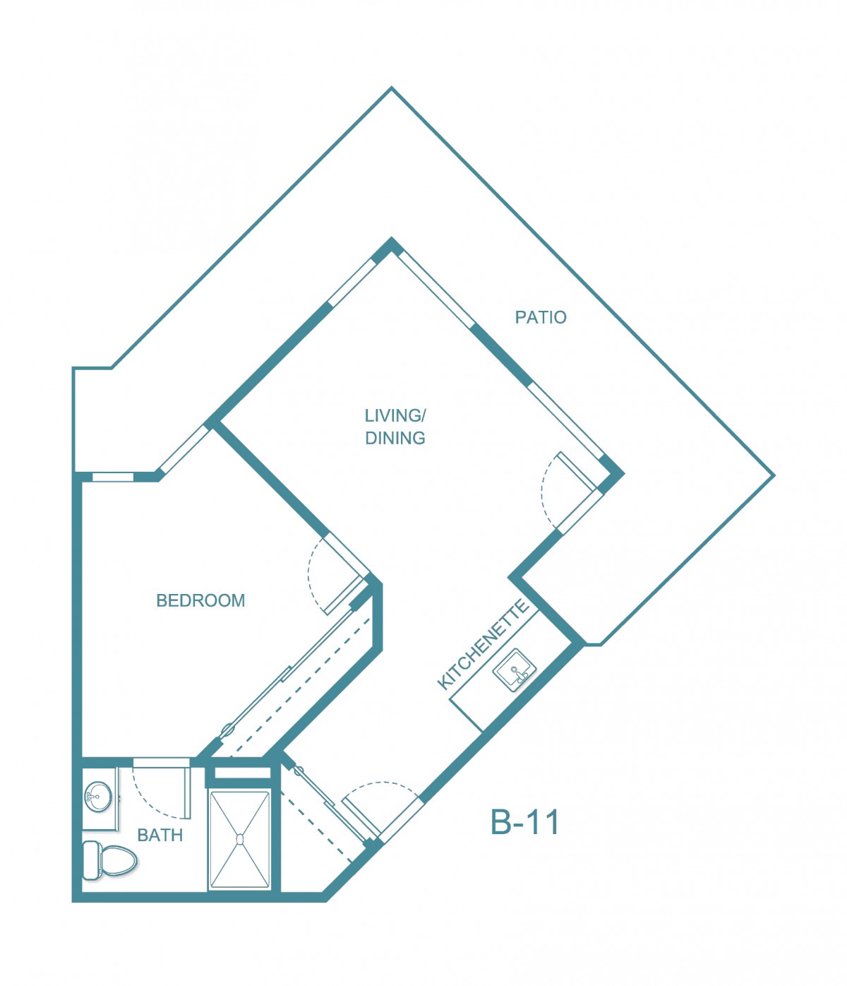 A floor plan of an apartment layout labeled B-11, showing a bedroom, living area, kitchen, and bathroom.