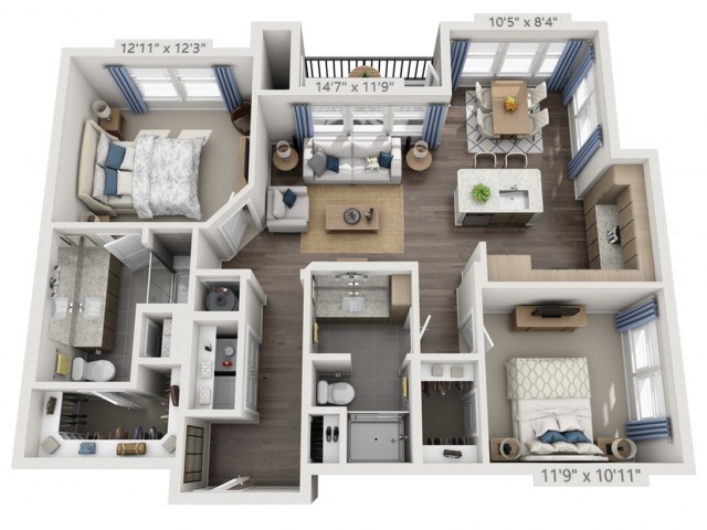 A detailed floor plan of a two-bedroom apartment featuring a living room, kitchen, and dining area.