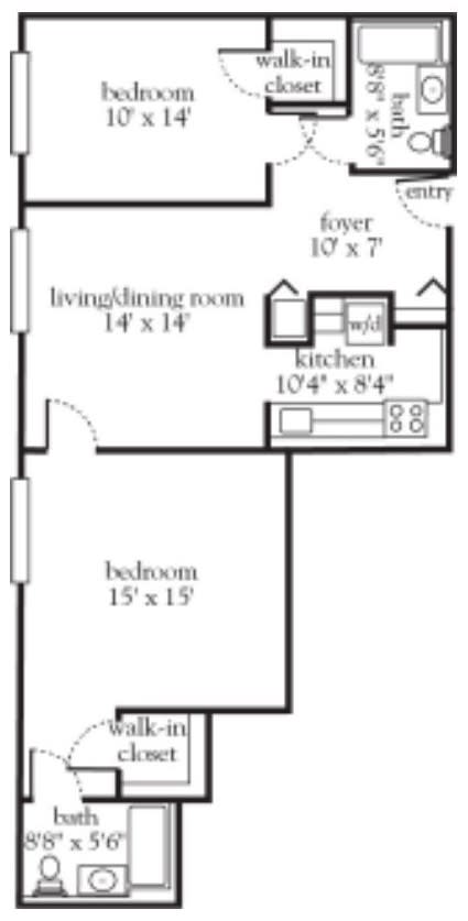 A simple floor plan showing the layout of an apartment with labeled room dimensions.