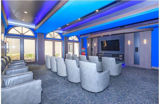 A modern home theater with luxurious seating and ambient lighting.