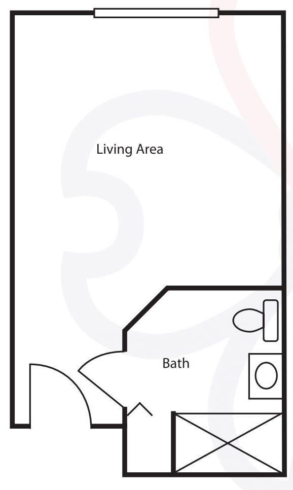 A basic floor plan of a studio apartment with a living area and a bathroom.