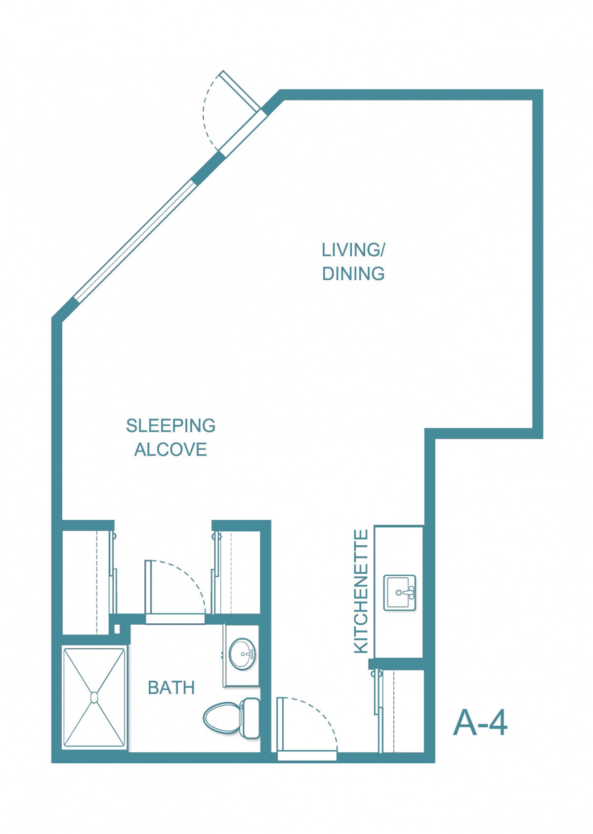 A studio apartment floor plan with designated areas for living, dining, sleeping alcove, and bathroom.