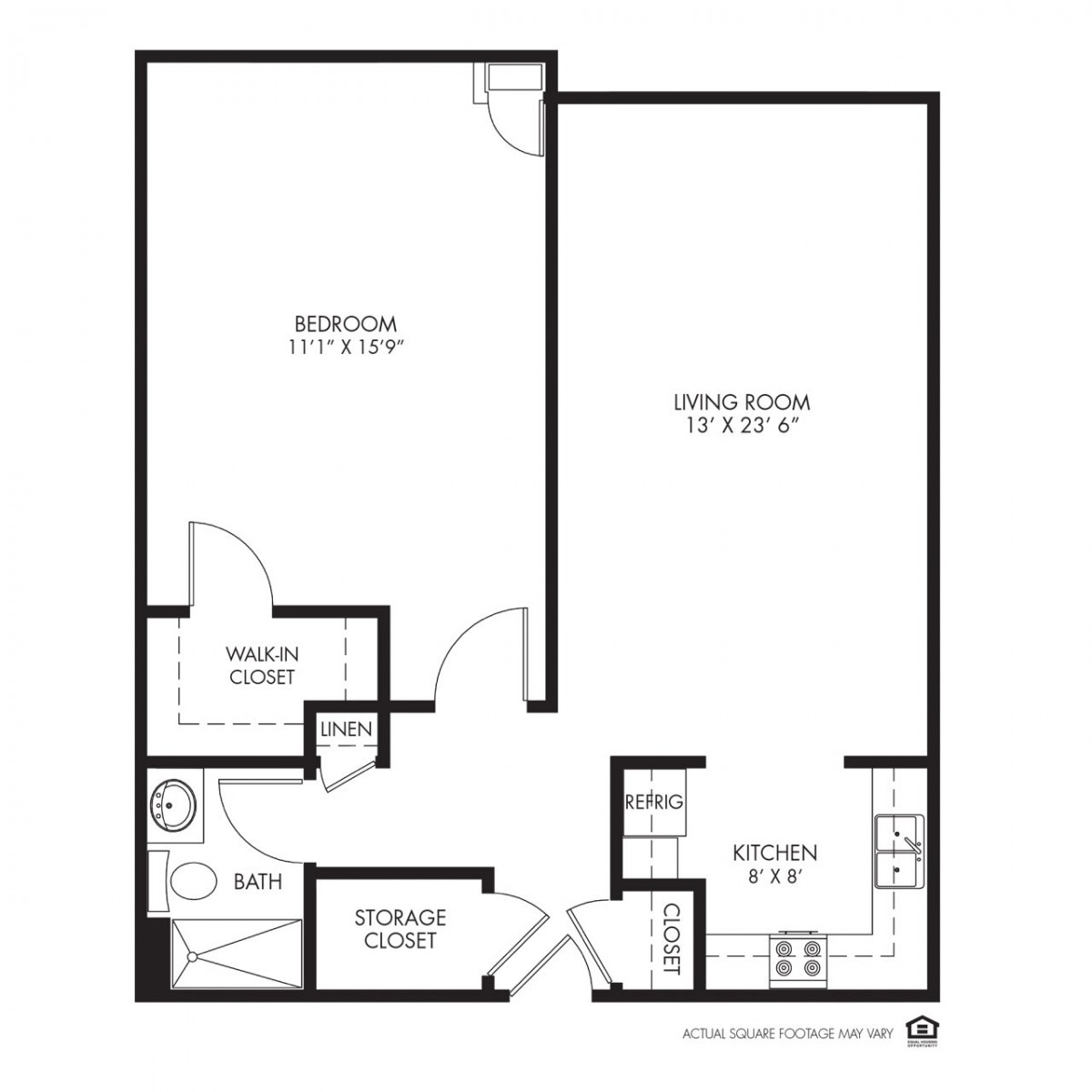 A floor plan of a one-bedroom apartment featuring a living room, kitchen, bathroom, and closets.