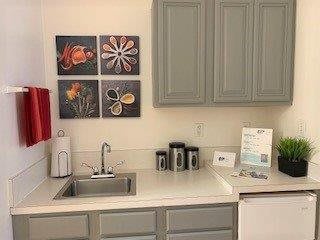 A small kitchen area with a sink, cabinets, and wall art.