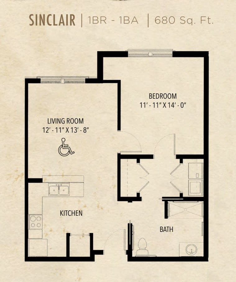 A simple one-bedroom apartment floor plan.