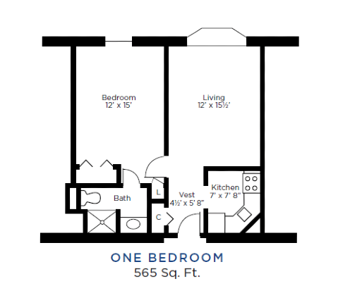 A floor plan of a one-bedroom apartment totaling 565 square feet.