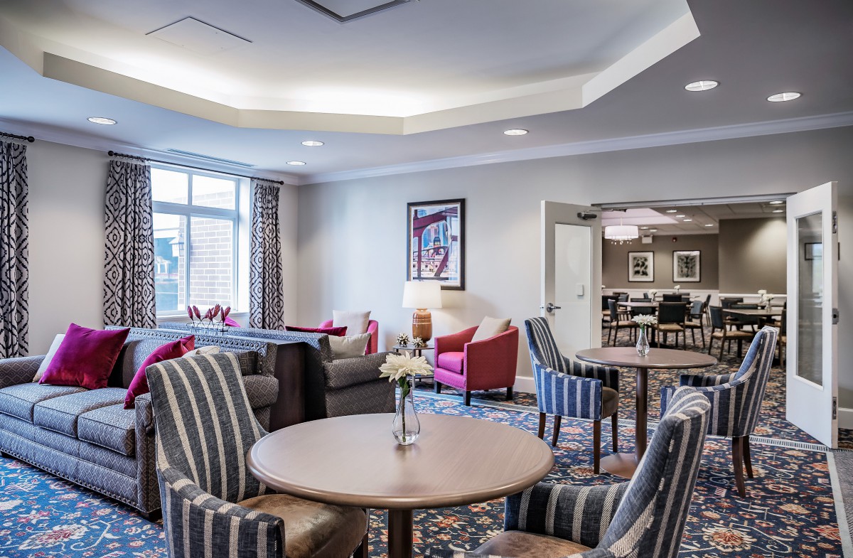 A modern lounge area with comfortable seating and stylish decor.