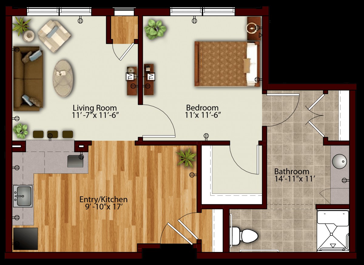 A floor plan of a one-bedroom apartment featuring a living room, kitchen, and bathroom.