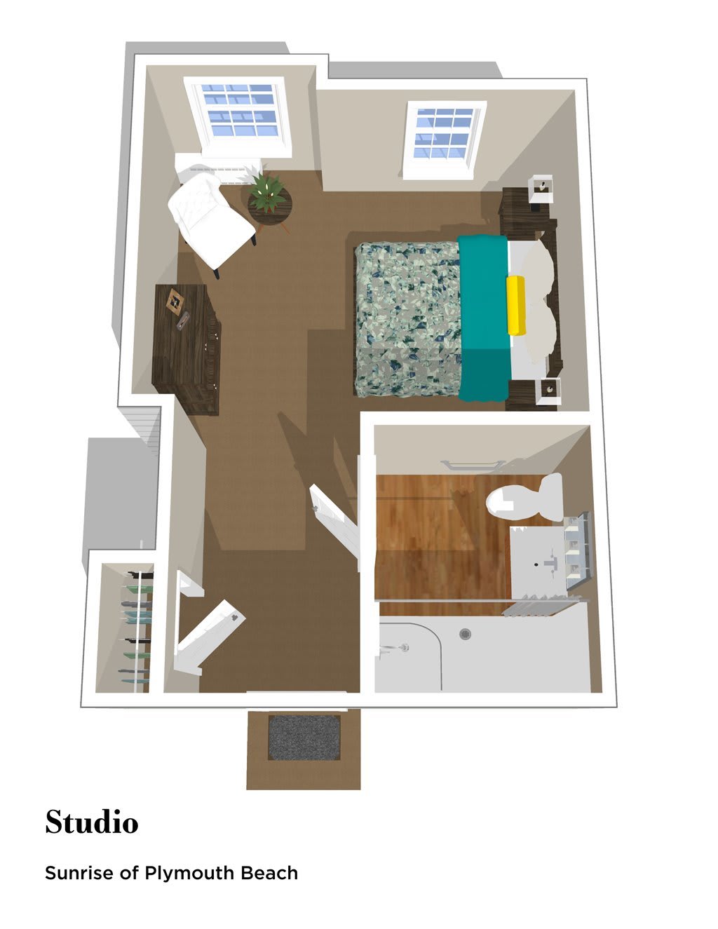 A 3D floor plan of a compact studio apartment featuring a combined living and bedroom area with an adjacent bathroom.