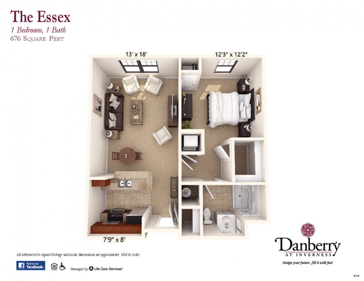 A 3D floor plan of a one-bedroom apartment featuring a kitchen, living room, and bathroom.
