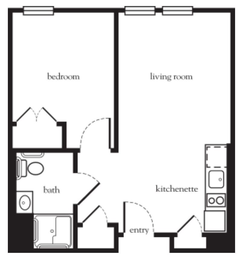 A floor plan of a one-bedroom apartment with designated areas for the kitchen, living room, bedroom, and bathroom.