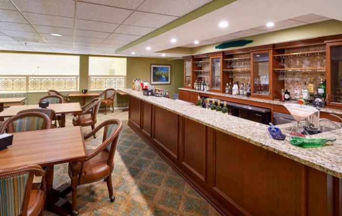 A cozy bar interior featuring a long counter with chairs, displaying bottles and glasses.