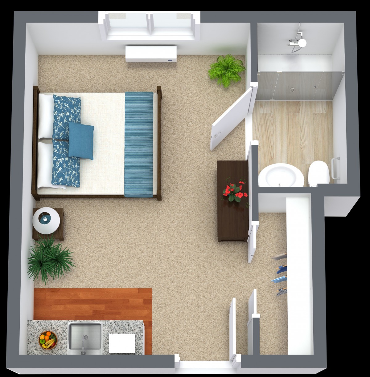 A 3D floor plan of a one-bedroom apartment featuring a bathroom, bedroom, and living area.