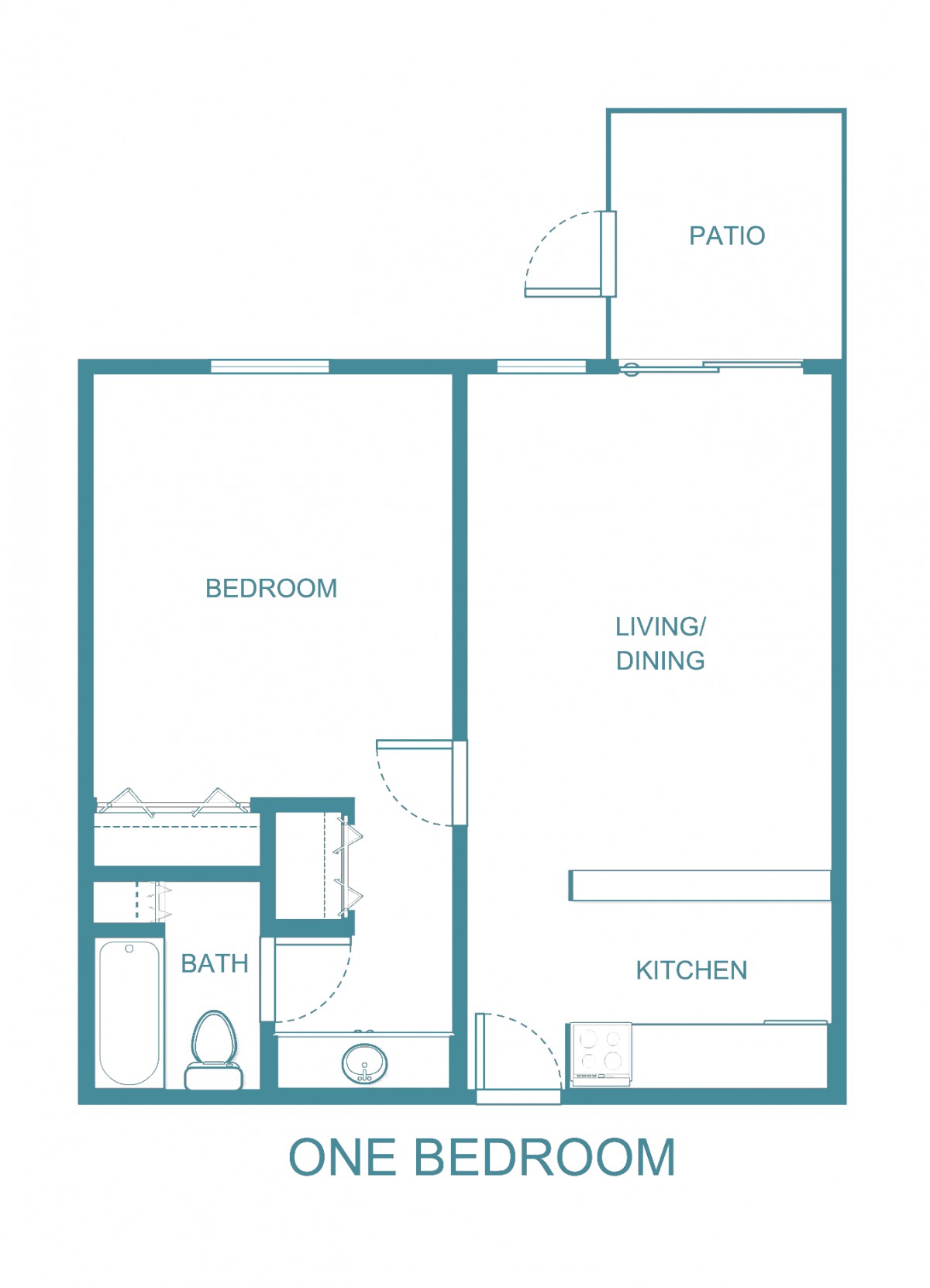 One-bedroom apartment floor plan with kitchen, living/dining area, bathroom, and patio.