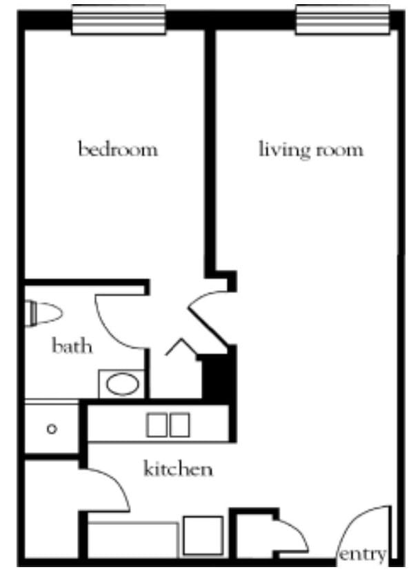 A simple floor plan of a one-bedroom apartment with a living room, kitchen, and bathroom.