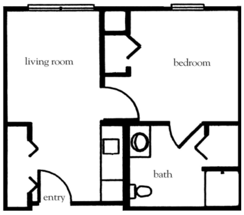 A simple floor plan of a one-bedroom apartment including a living room and bathroom.