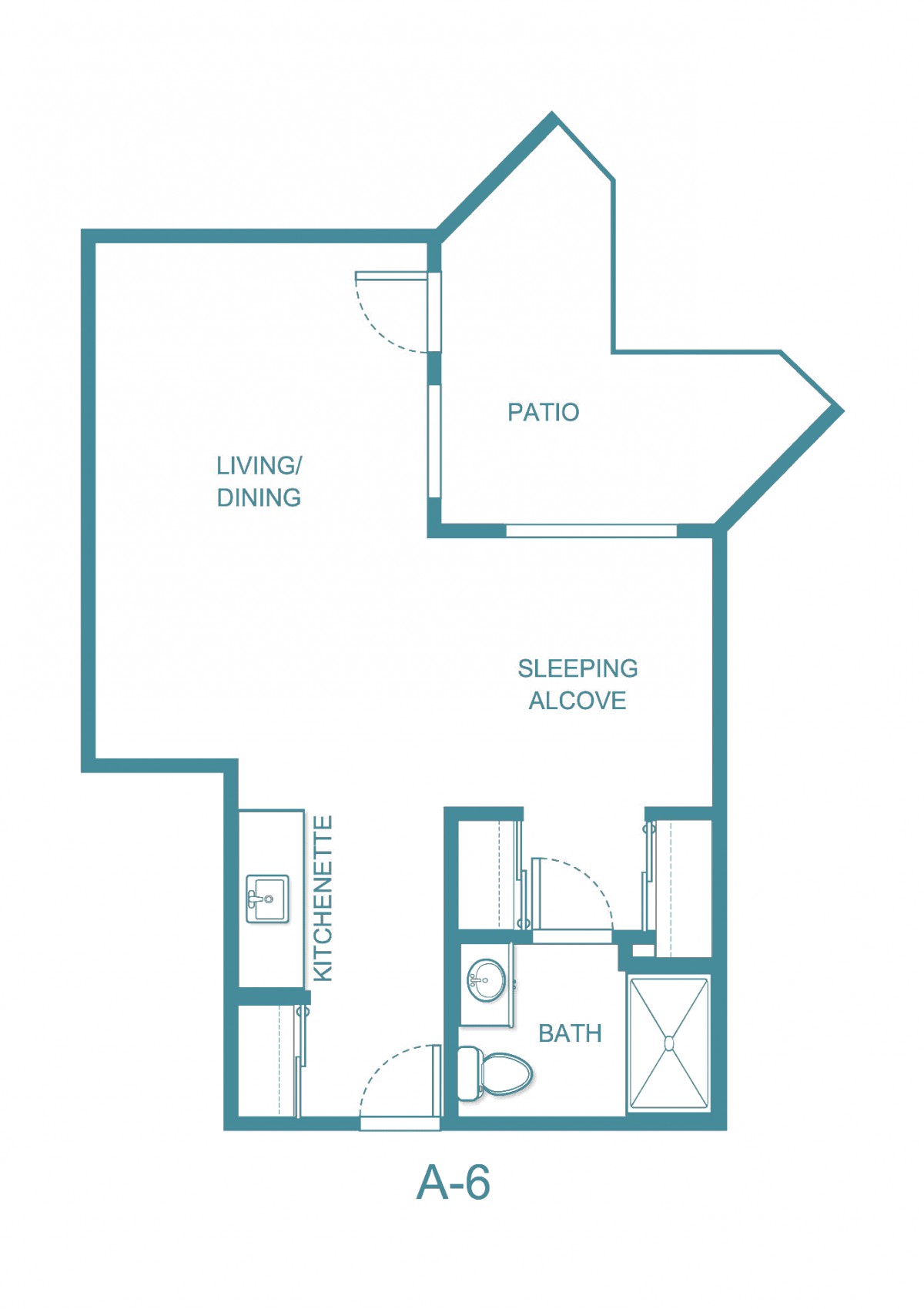 Studio apartment floor plan with defined living/dining area, sleeping alcove, kitchen, and bath.
