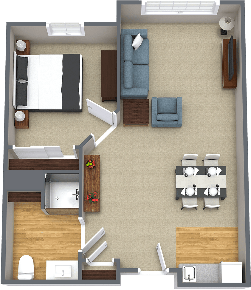 This image shows a floor plan layout of a small apartment featuring a bedroom, living room, and dining area.