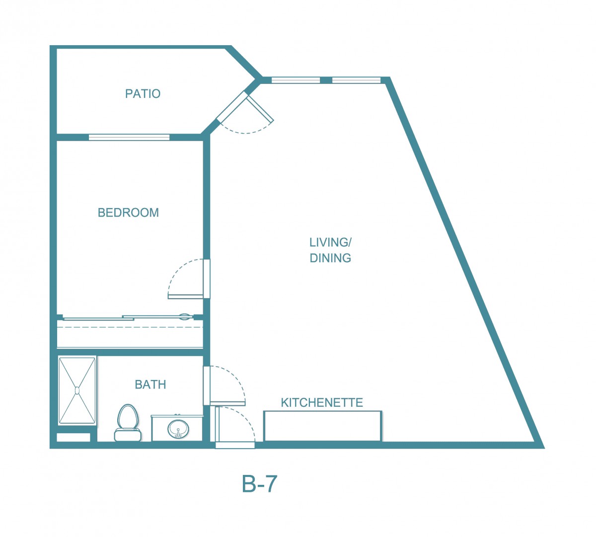 Blueprint of a one-bedroom apartment with living area and patio.