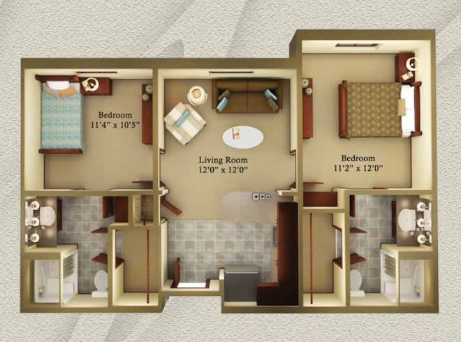 A detailed floor plan of a two-bedroom apartment, featuring a living room, kitchen, and bathrooms.