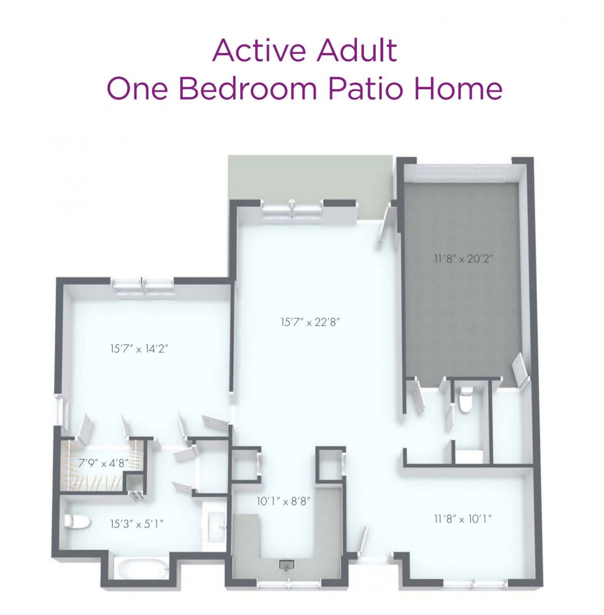 Floor plan of an active adult one-bedroom patio home.