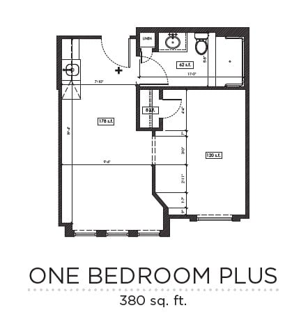 Floor plan for a one-bedroom apartment, measuring 380 square feet.